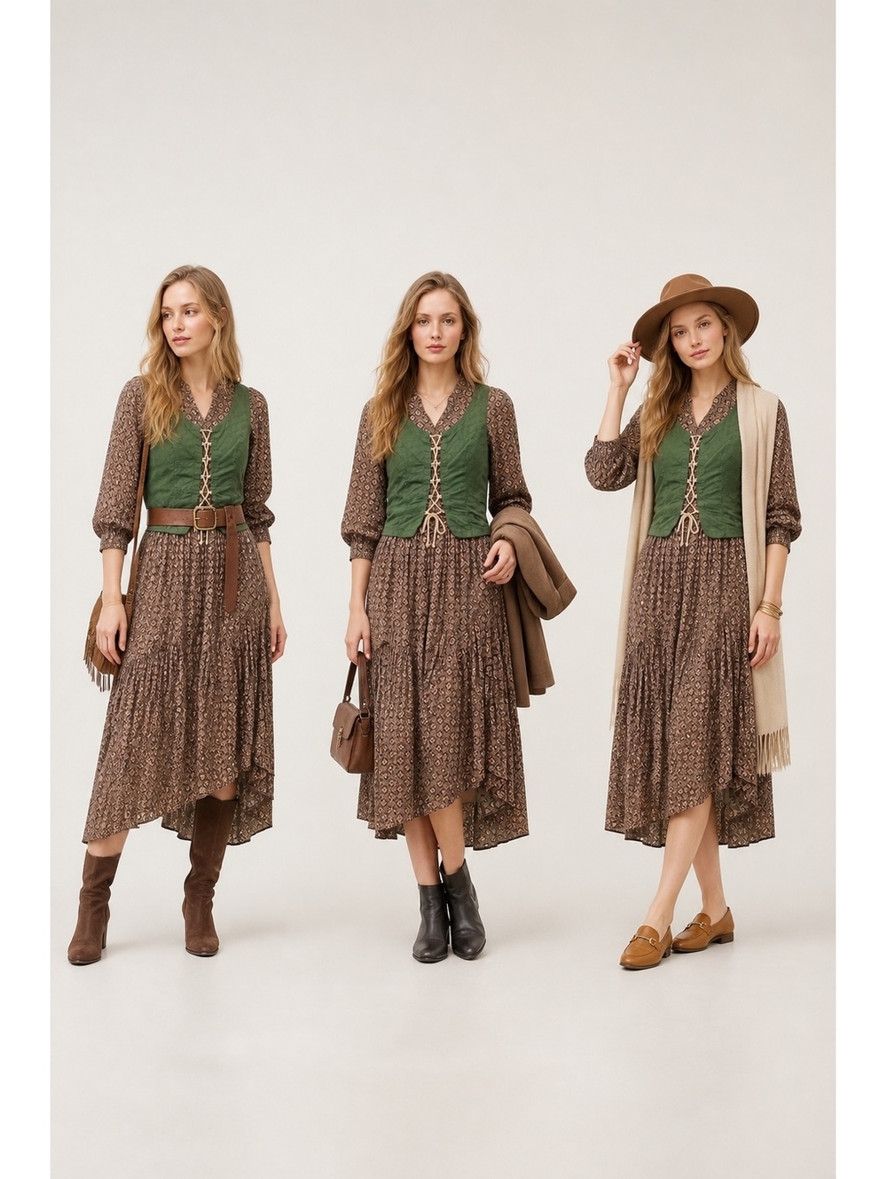 Boho Prairie Cottagecore Dress Green Lace-Up High Low Midi by Keer Qiaowa